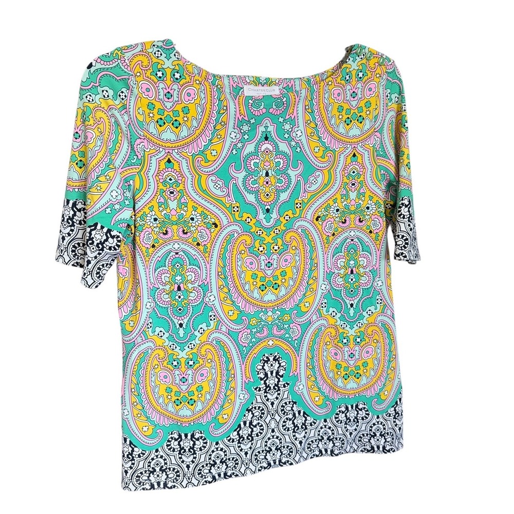 Charter Club Petite Womens PM Paisley Boat Neck Short Sleeve Button Shoulder Top